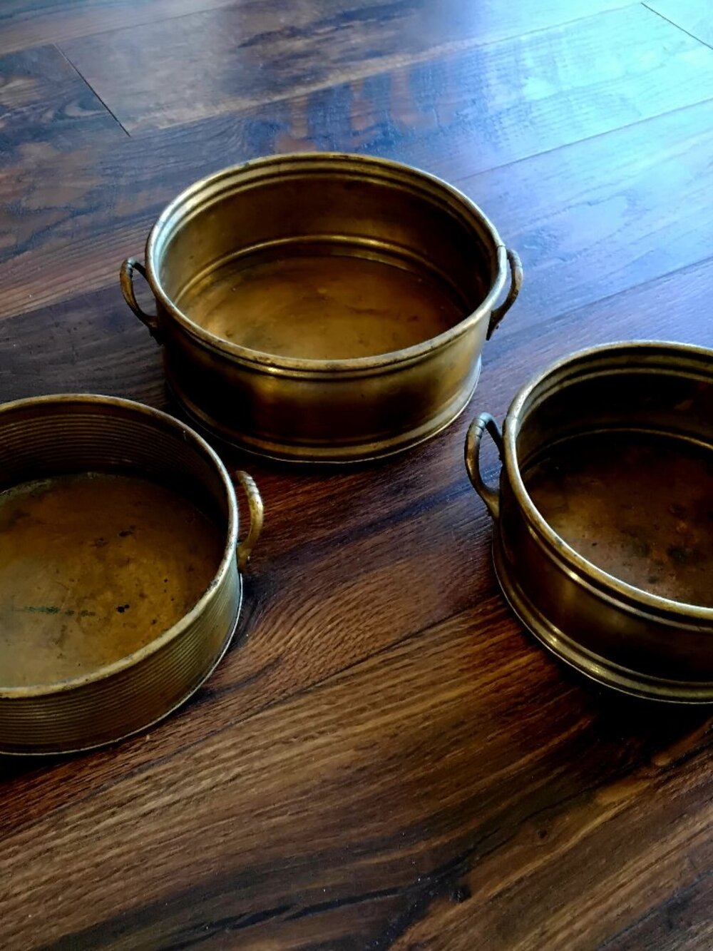 Set of 3 Vintage Brass Planters cachepots w/ Side Handles
